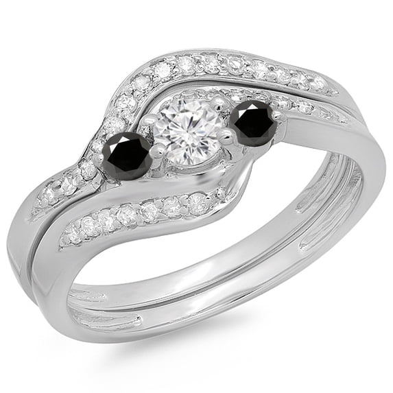 Dazzlingrock Collection 0.60 Carat (ctw) 14K Black & White Diamond Swirl Style 3 Stone Engagement Ring Set, White Gold, Size 7