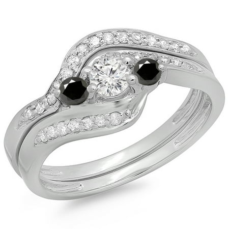 Dazzlingrock Collection 0.60 Carat (ctw) 14K Black & White Diamond Swirl Style 3 Stone Engagement Ring Set, White Gold, Size 8.5