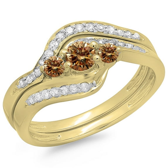 Dazzlingrock Collection 0.60 Carat (ctw) 14K Champagne & White Diamond Swirl 3 Stone Engagement Ring Set, Yellow Gold, Size 7.5