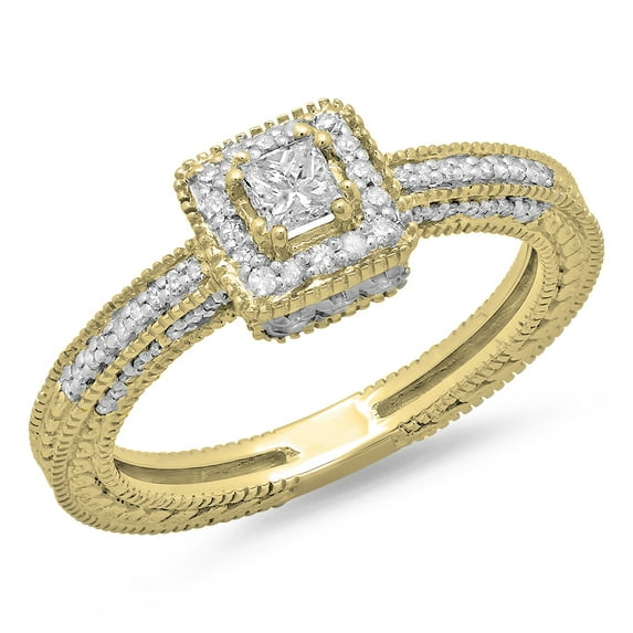 Dazzlingrock Collection 0.60 Carat (ctw) 14K Princess & Round Diamond Bridal Vintage Halo Engagement Ring, Yellow Gold, Size 9