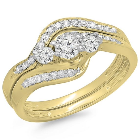 Dazzlingrock Collection 0.60 Carat (ctw) 14K Round Diamond Swirl Style Bridal 3 Stone Engagement Ring Set, Yellow Gold, Size 9