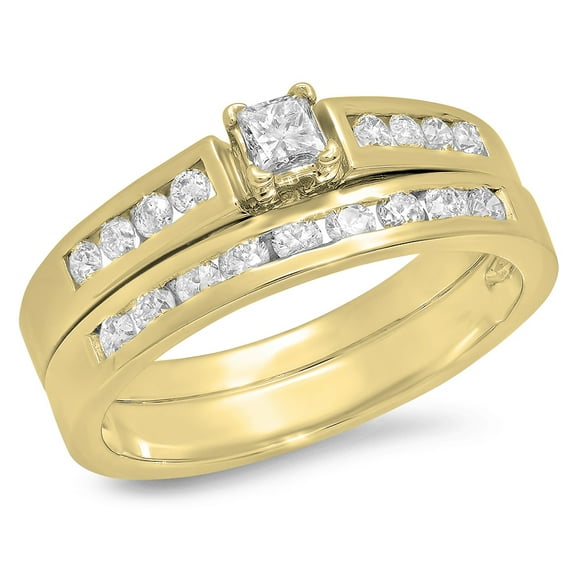 Dazzlingrock Collection 0.60 Carat (ctw) 14k Princess & Round White Diamond Bridal Engagement Ring Set, Yellow Gold, Size 9.5