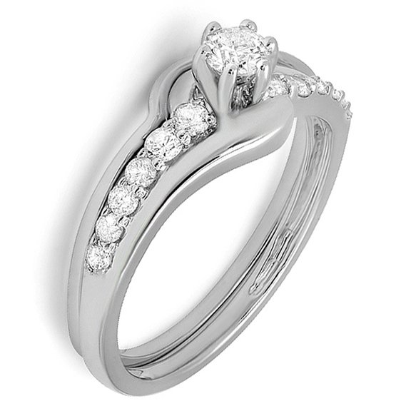 Dazzlingrock Collection 0.60 Carat (ctw) 14k Round Diamond Ladies Swirl Promise Bridal Engagement Ring Set Matching Band, White Gold, Size 5