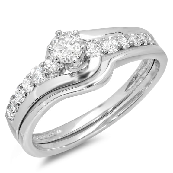 Dazzlingrock Collection 0.60 Carat (ctw) 14k Round Diamond Ladies Swirl Promise Bridal Engagement Ring Set Matching Band, White Gold, Size 6