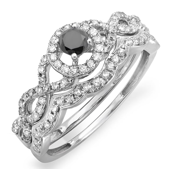 Dazzlingrock Collection 0.60 Carat (ctw) 18k Round Black & White Diamond Halo Bridal Engagement Ring Set, White Gold, Size 7