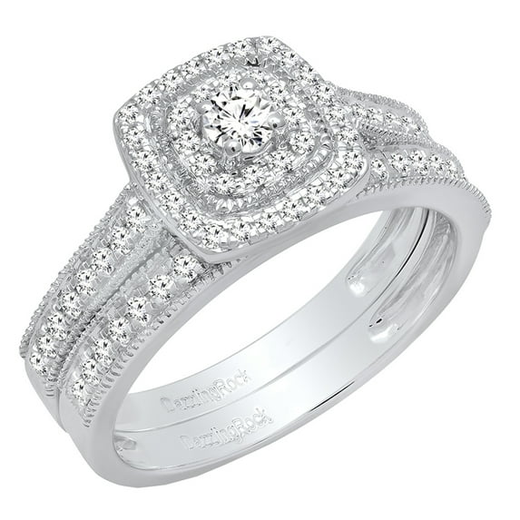 Dazzlingrock Collection 0.60 Carat (ctw) Round Diamond Bridal Halo Style Engagement Ring Set, 14K White Gold, Size 6