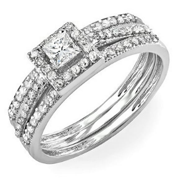 Dazzlingrock Collection 0.62 Carat (ctw) 14k Round & Princess Diamond Ladies Bridal Halo Ring Engagement Matching Band Set, White Gold, Size 7.5