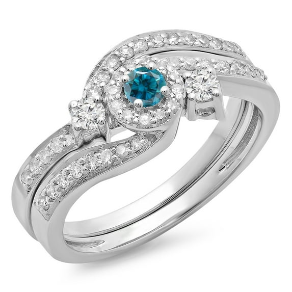 Dazzlingrock Collection 0.65 Carat (ctw) 14K Blue & White Diamond Twisted Swirl Halo Engagement Ring Set, White Gold, Size 7.5