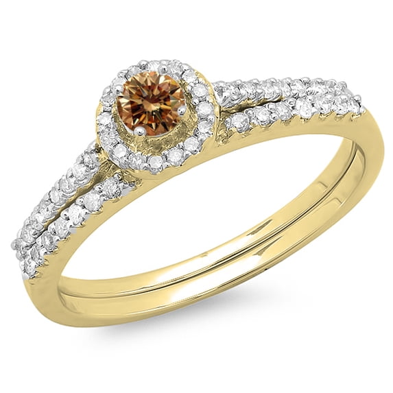 Dazzlingrock Collection 0.65 Carat (ctw) 14K Champagne And White Diamond Bridal Engagement Halo Ring Set, Yellow Gold, Size 6.5