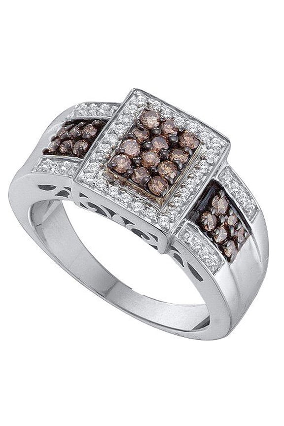 Collection 0.65 Carat (ctw) 14K Round Cognac & White Diamond Ladies Fashion Cocktail Right Hand Ring, White Gold