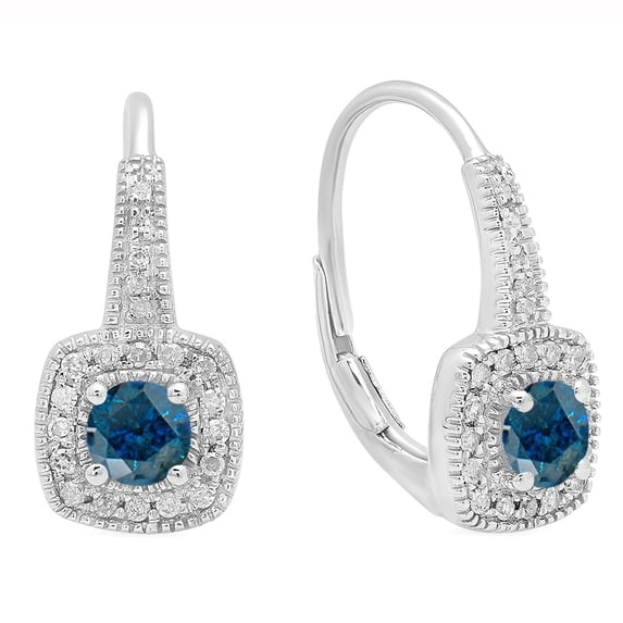 Dazzlingrock Collection 0.65 Carat (ctw) 18K Round Blue & White Diamond Ladies Halo Style Dangling Earrings, White Gold