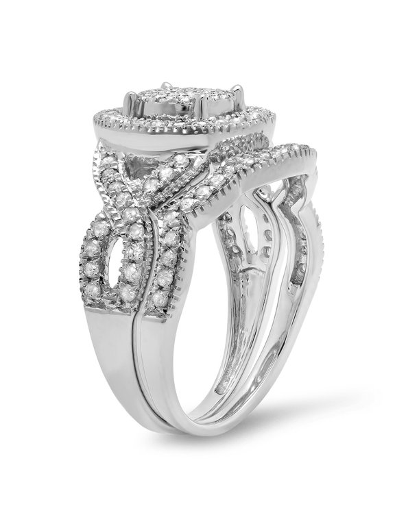 Collection 0.65 Carat (ctw) Sterling Silver Round Diamond Ladies Micro Pave Swirl Engagement Ring Set, Size 4