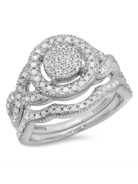 Collection 0.65 Carat (ctw) Sterling Silver Round Diamond Ladies Micro Pave Swirl Engagement Ring Set, Size 7.5