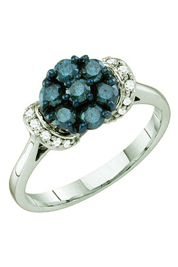 Collection 0.66 Carat (ctw) 10K Round Blue & White Diamond Ladies Cluster Flower Right Hand Ring, White Gold