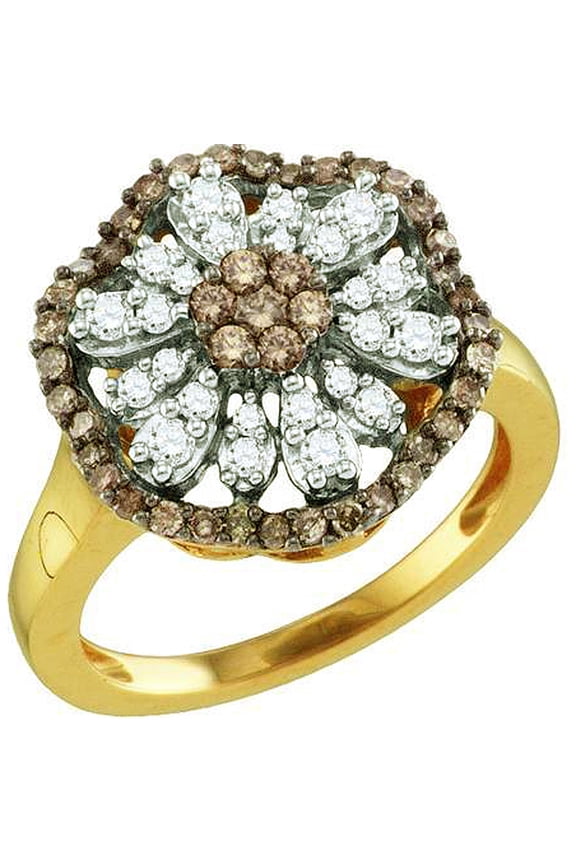 Collection 0.68 Carat (ctw) 10K Cognac And White Diamond Ladies Cluster Flower Cocktail Right Hand Ring, Yellow Gold