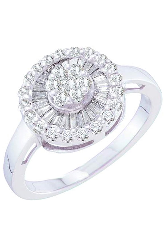 Collection 0.69 Carat (ctw) 14k Round & Baguette Cut White Diamond Right Hand Cluster Flower Ring, White Gold
