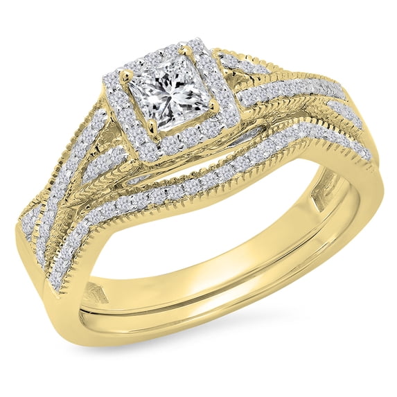 Dazzlingrock Collection 0.70 Carat (Ctw) 14K White Diamond Ladies Bridal Halo Engagement Ring Set 3/4 CT, Yellow Gold, Size 7.5