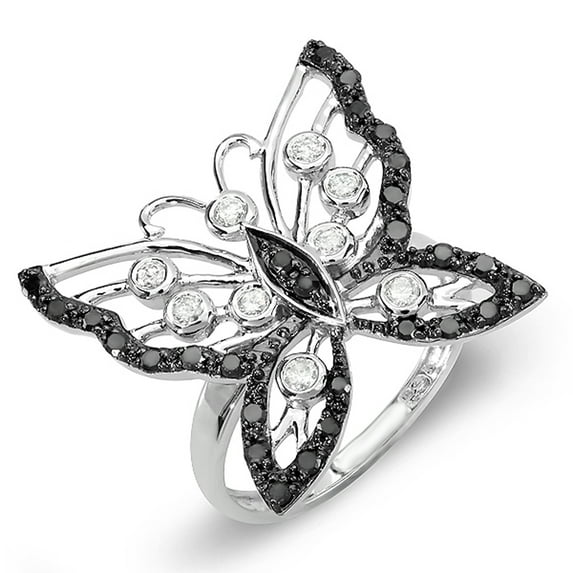 Dazzlingrock Collection 0.70 Carat (ctw) 10K Black & White Diamond Butterfly Right Hand Ring 3/4 CT, White Gold, Size 6