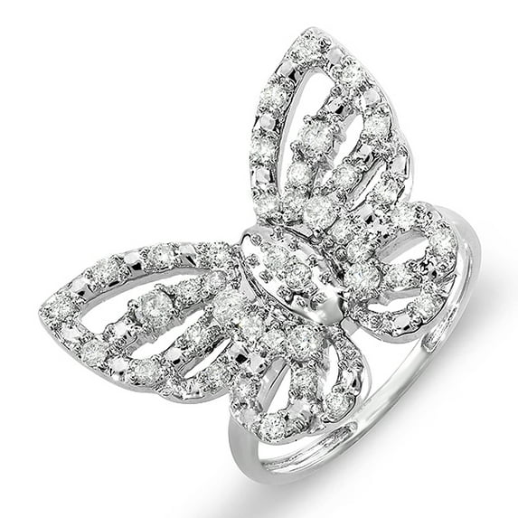 Dazzlingrock Collection 0.70 Carat (ctw) 10k Round Diamond Ladies Butterfly Cocktail Right Hand Ring 3/4 CT, White Gold, Size 7.5