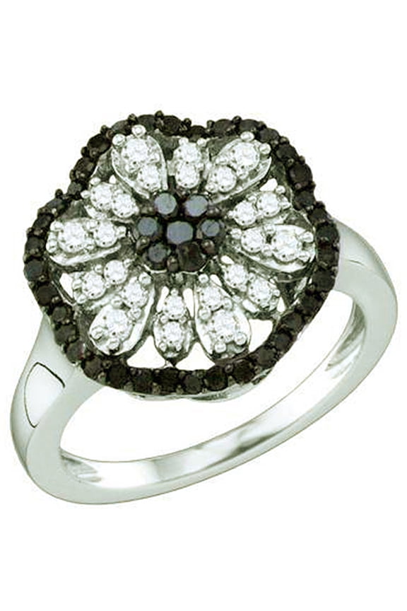 Collection 0.72 Carat (ctw) 10k Round Black & White Diamond Ladies Right Hand Cluster Flower Ring, White Gold