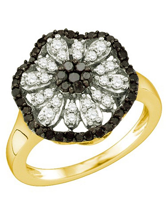 Collection 0.72 Carat (ctw) 10k Round Black & White Diamond Ladies Right Hand Cluster Flower Ring, Yellow Gold
