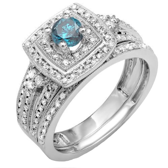 Dazzlingrock Collection 0.75 Carat (Ctw) 18k Round Blue & White Diamond Bridal Engagement Ring Set 3/4 CT, White Gold, Size 6.5