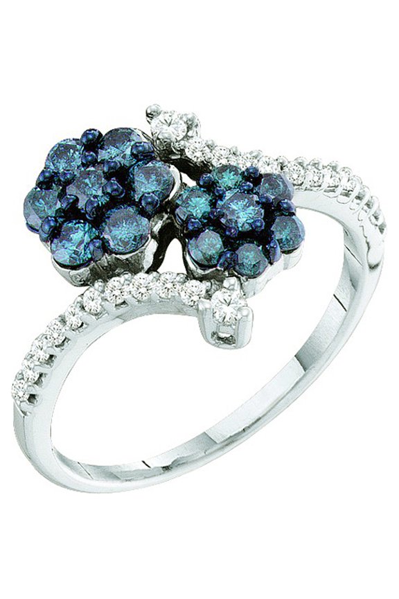 Collection 0.75 Carat (ctw) 10K Round Blue And White Diamond Ladies Cluster Flower Right Hand Ring 3/4 CT, White Gold