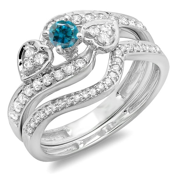Dazzlingrock Collection 0.75 Carat (ctw) 10K Round Blue & White Diamond Engagement Ring 3 Piece Set 3/4 CT, White Gold, Size 5.5