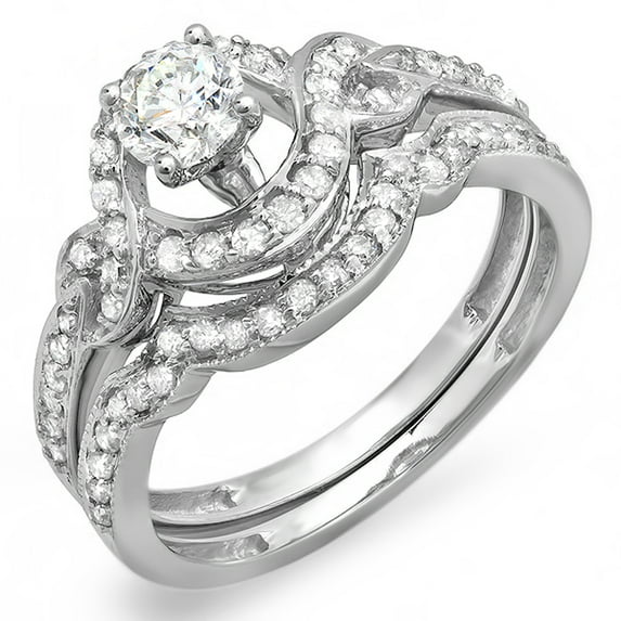 Dazzlingrock Collection 0.75 Carat (ctw) 10k Round Diamond Swirl Bridal Halo Engagement Ring Set 3/4 CT, White Gold, Size 7.5
