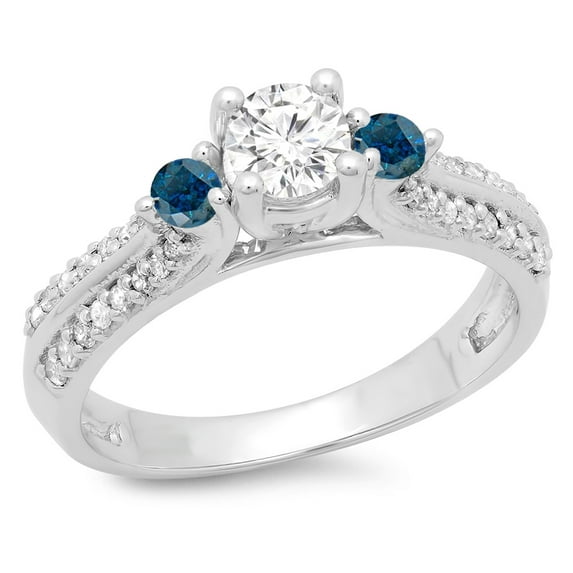 Dazzlingrock Collection 0.75 Carat (ctw) 14K Blue & White Diamond Bridal 3 Stone Engagement Ring 3/4 CT, White Gold, Size 4