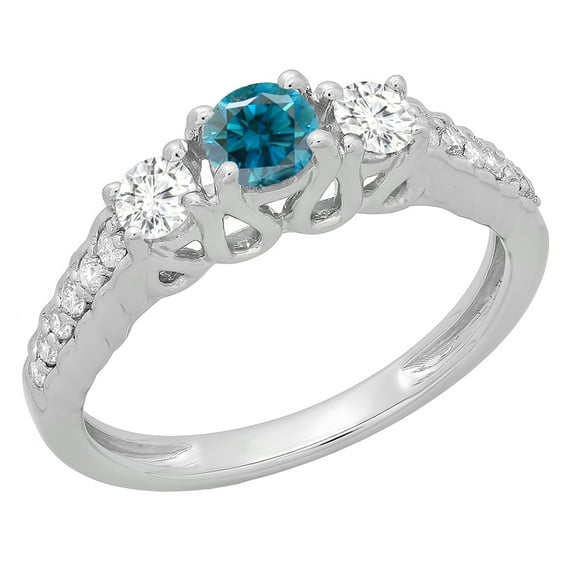 Dazzlingrock Collection 0.75 Carat (ctw) 14K Blue & White Diamond Bridal 3 Stone Engagement Ring 3/4 CT, White Gold, Size 4