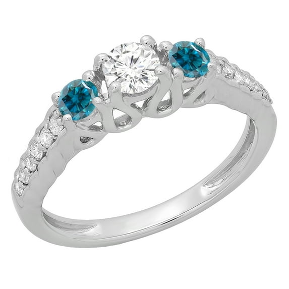 Dazzlingrock Collection 0.75 Carat (ctw) 14K Blue & White Diamond Bridal 3 Stone Engagement Ring 3/4 CT, White Gold, Size 6