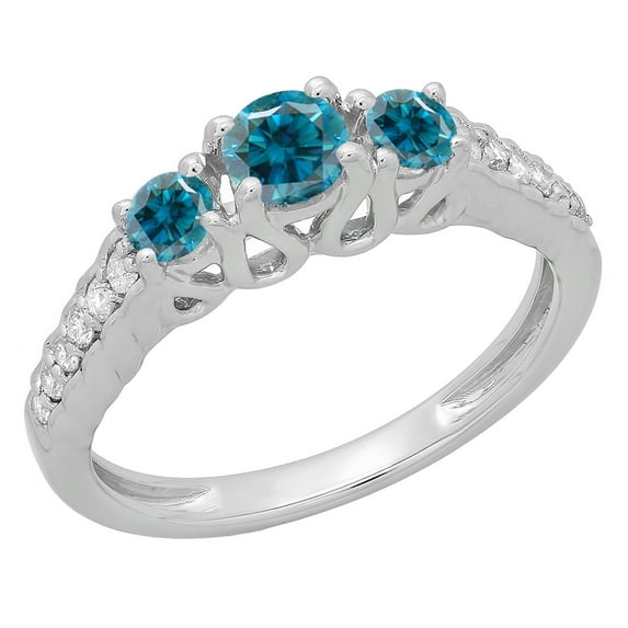Dazzlingrock Collection 0.75 Carat (ctw) 14K Blue & White Diamond Bridal 3 Stone Engagement Ring 3/4 CT, White Gold, Size 8.5
