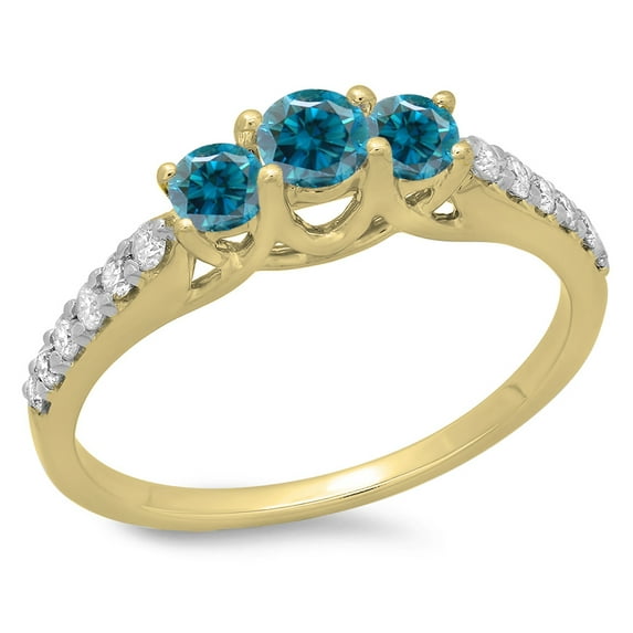 Dazzlingrock Collection 0.75 Carat (ctw) 14K Blue & White Diamond Bridal 3 Stone Engagement Ring 3/4 CT, Yellow Gold, Size 7.5