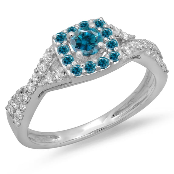 Dazzlingrock Collection 0.75 Carat (ctw) 14K Blue & White Diamond Swirl Halo Engagement Ring 3/4 CT, White Gold, Size 5.5