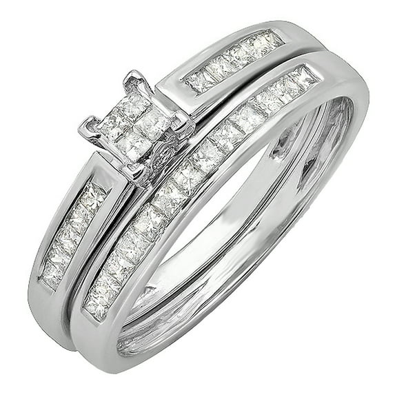 Dazzlingrock Collection 0.75 Carat (ctw) 14K Princess Invisible Diamond Ladies Bridal Ring Set Engagement Set 3/4 CT, White Gold, Size 9