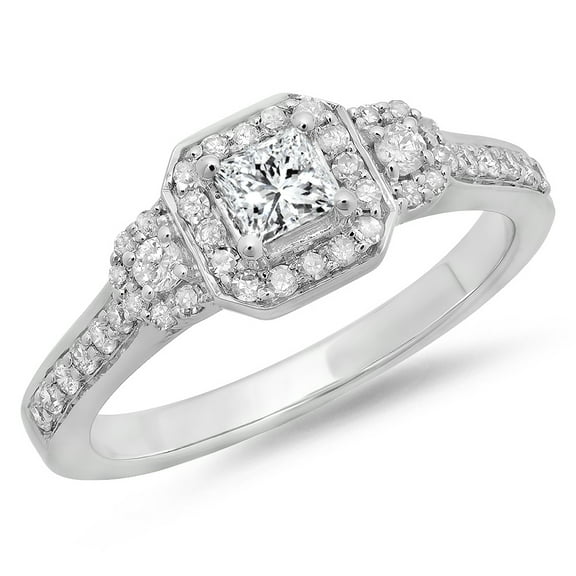Dazzlingrock Collection 0.75 Carat (ctw) 14K Princess & Round Diamond 3 Stone Halo Engagement Ring 3/4 CT, White Gold, Size 7.5