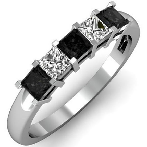 Dazzlingrock Collection 0.75 Carat (ctw) 14k Princess Cut Black and White Diamond Ladies 5 Stone Bridal Wedding Band Anniversary Ring 3/4 CT, White Gold, Size 7.5