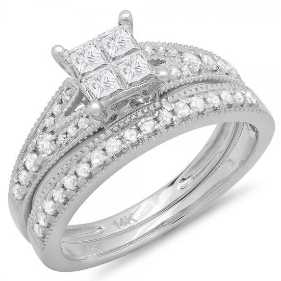 Dazzlingrock Collection 0.75 Carat (ctw) 14k Princess & Round Diamond Ladies Split Shank Bridal Engagement Ring With Matching Band Set 3/4 CT, White Gold, Size 9
