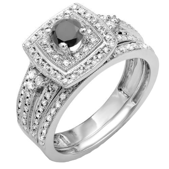 Dazzlingrock Collection 0.75 Carat (ctw) 14k Round Black And White Diamond Ladies Bridal Engagement Ring Set with Matching Band 3/4 CT, White Gold, Size 8.5
