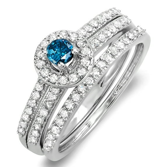 Dazzlingrock Collection 0.75 Carat (ctw) 14k Round Blue & White Diamond Ladies Halo Bridal Engagement Ring Matching Band Set 3/4 CT, White Gold, Size 6.5