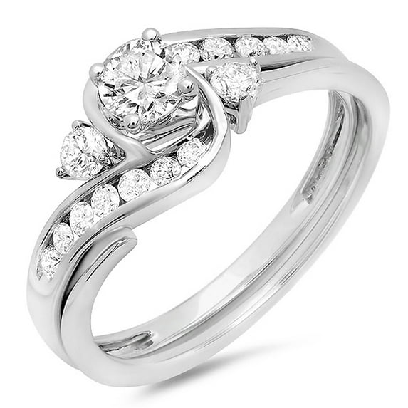 Dazzlingrock Collection 0.75 Carat (ctw) 18K Round Cut Diamond Ladies Swirl Bridal Engagement Ring With Matching Band Set 3/4 CT, White Gold, Size 6