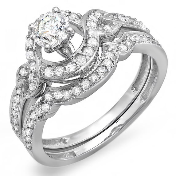 Dazzlingrock Collection 0.75 Carat (ctw) 18k Round Diamond Swirl Bridal Halo Engagement Ring Set 3/4 CT, White Gold, Size 8.5