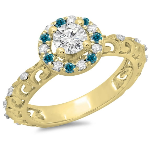 Dazzlingrock Collection 0.80 Carat (ctw) 14K Blue & White Diamond Bridal Halo Engagement Ring 3/4 CT, Yellow Gold, Size 6.5