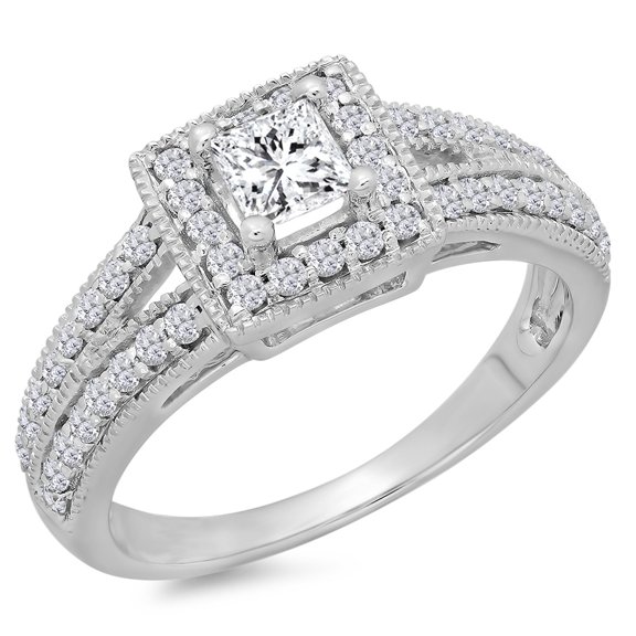 Dazzlingrock Collection 0.80 Carat (ctw) 14K Princess & Round Diamond Split Shank Bridal Halo Ring 3/4 CT, White Gold, Size 7.5