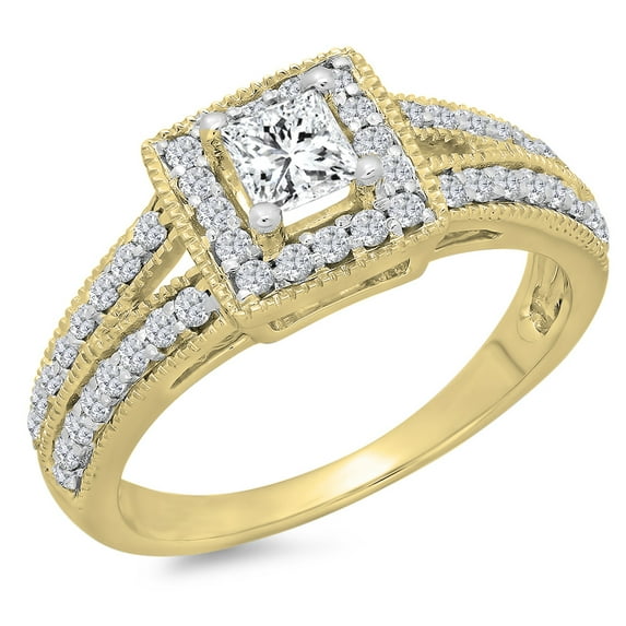 Dazzlingrock Collection 0.80 Carat (ctw) 14K Princess & Round Diamond Split Shank Bridal Halo Ring 3/4 CT, Yellow Gold, Size 6