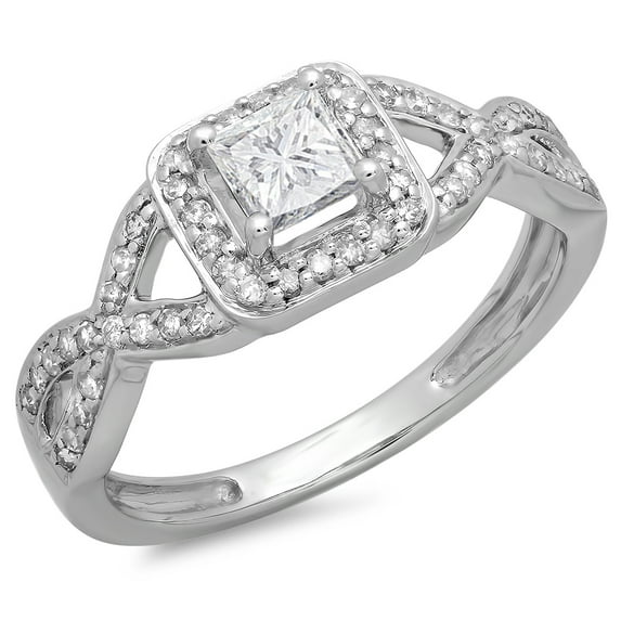Dazzlingrock Collection 0.80 Carat (ctw) 14K Princess & Round Diamond Swirl Bridal Engagement Ring 3/4 CT, White Gold, Size 6