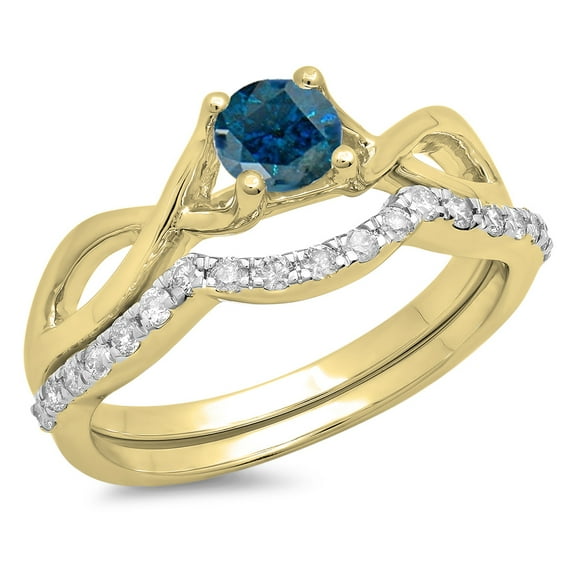 Dazzlingrock Collection 0.80 Carat (ctw) 14K Round Blue & White Diamond Bridal Engagement Ring Set 3/4 CT, Yellow Gold, Size 6.5