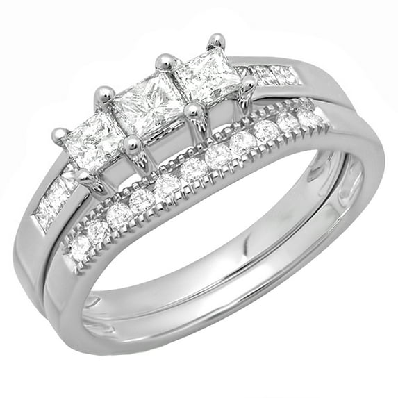Dazzlingrock Collection 0.80 Carat (ctw) 14k Princess & Round Diamond Ladies 3 Stone Engagement Bridal Ring Set Matching Band, White Gold, Size 5.5