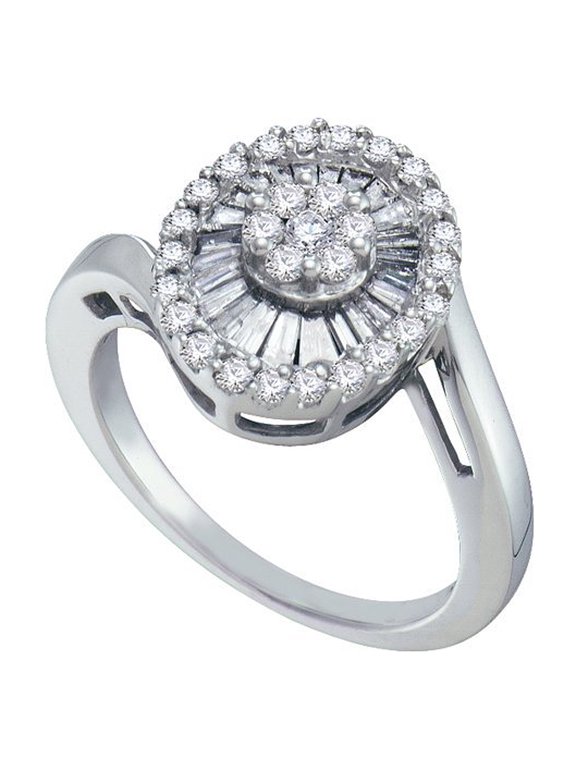 Collection 0.81 Carat (ctw) 14k Round & Baguette Cut White Diamond Right Hand Cluster Flower Ring 3/4 CT, White Gold